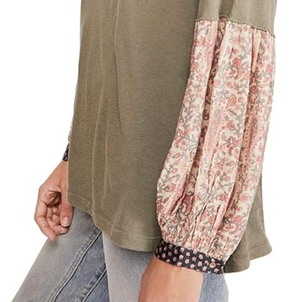 Free People We the Free Jade Floral Printed Sleeves Slouchy T-Shirt in Green -XS - Picture 4 of 7